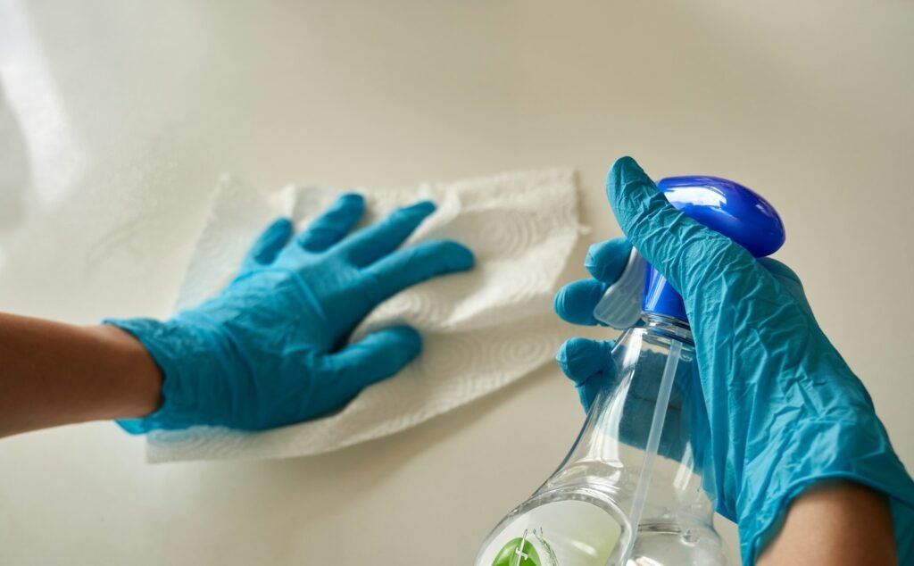 Hände in Handschuhen reinigen eine weiße Oberfläche mit Sprühflasche – Matratze reinigen mit Hausmitteln